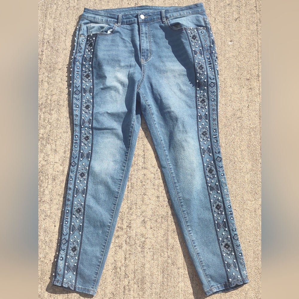 K. Jordan Aztec Rhinestone Embroidered Jean Women's Size 18W Light Wash